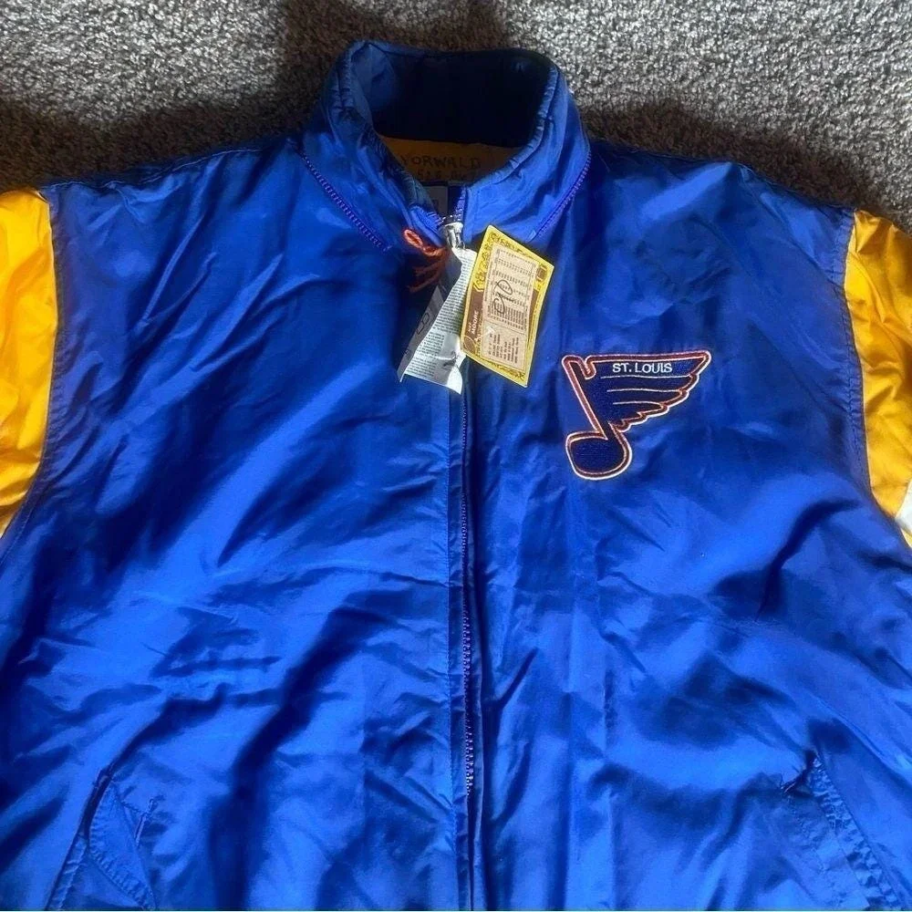 Vintagee St Louis Blues Puffer Jacket Mens Large Blue Gold Logo 7 NWT 90s Coat